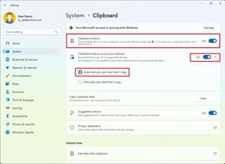 Change Clipboard history settings