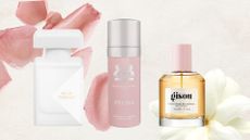 A collage of hair perfumes from Initio, Parfums de Marly and Gisou, on a cream background with stock images of rose petals and white flowers.