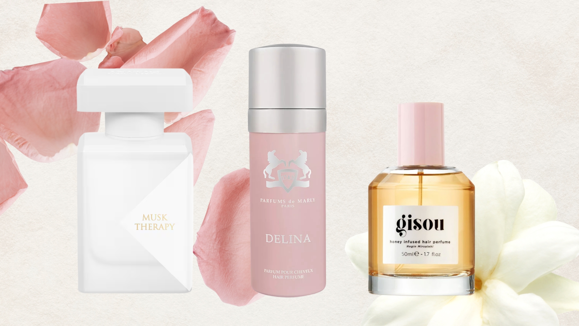 A collage of hair perfumes from Initio, Parfums de Marly and Gisou, on a cream background with stock images of rose petals and white flowers.
