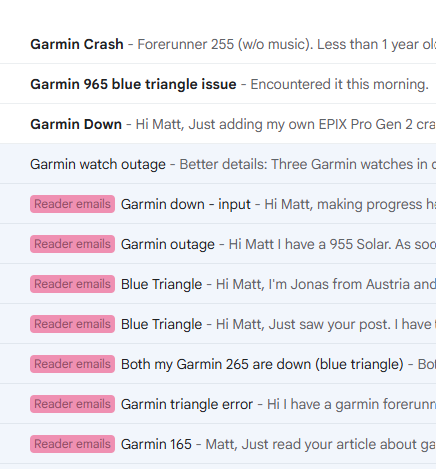 Emails about Garmin going down