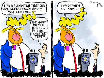 Political Cartoon U.S. Trump taxes cognitive test