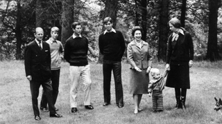 Watching the family at play on the grounds of Balmoral castle recently are members of the British royal family in 1979. Family members are (L to R): the Duke of Edinburgh; Prince Edward; Prince Charles, the Prince of Wales and heir apparent; Prince Andrew; Queen Elizabeth II; Princess Anne and her son, Peter