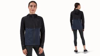 On Weather Jacket in blue and black modelled front and back