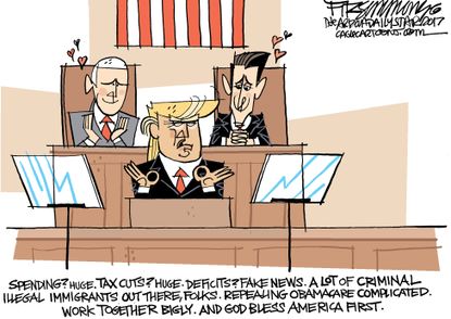 Political Cartoon U.S. President Trump Joint Address Paul Ryan Mike Pence love