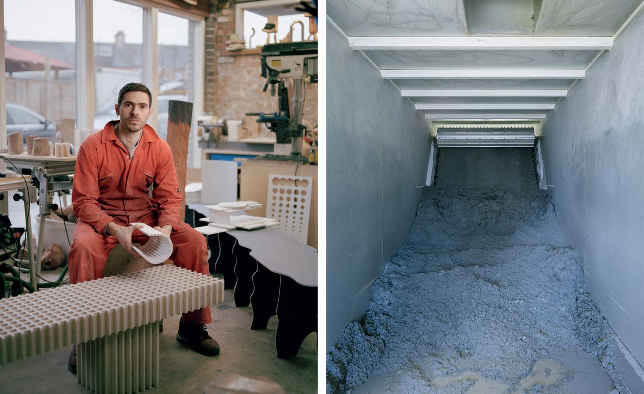 Max Lamb at his London studio with two benches created using solid textile board