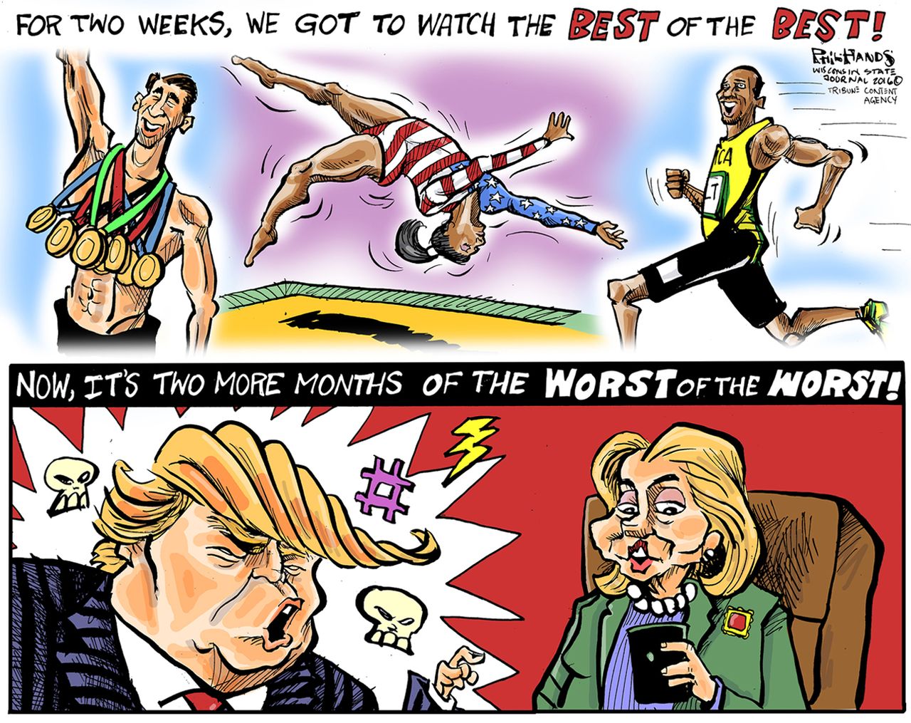 Political cartoon U.S. 2016 election Hillary Clinton Donald Trump Rio Olympics