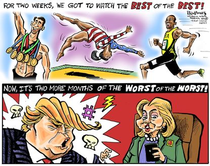 Political cartoon U.S. 2016 election Hillary Clinton Donald Trump Rio Olympics