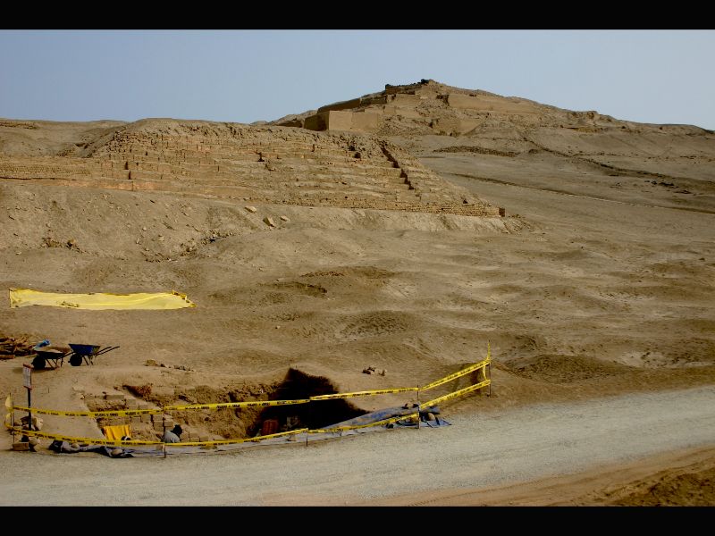 Images of the Pachacamac temple near Lima Peru, with various funerary bundles and their corresponding feathers.