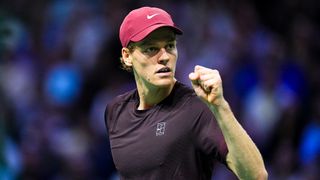 Jannik Sinner of Italy celebrates beating Ben Shelton at the Paris Masters 2025 tennis tournament