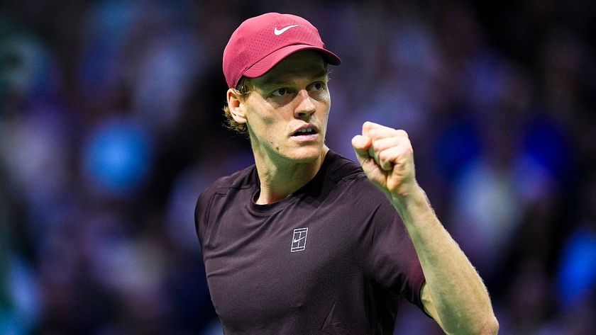 Jannik Sinner of Italy celebrates beating Ben Shelton at the Paris Masters 2025 tennis tournament