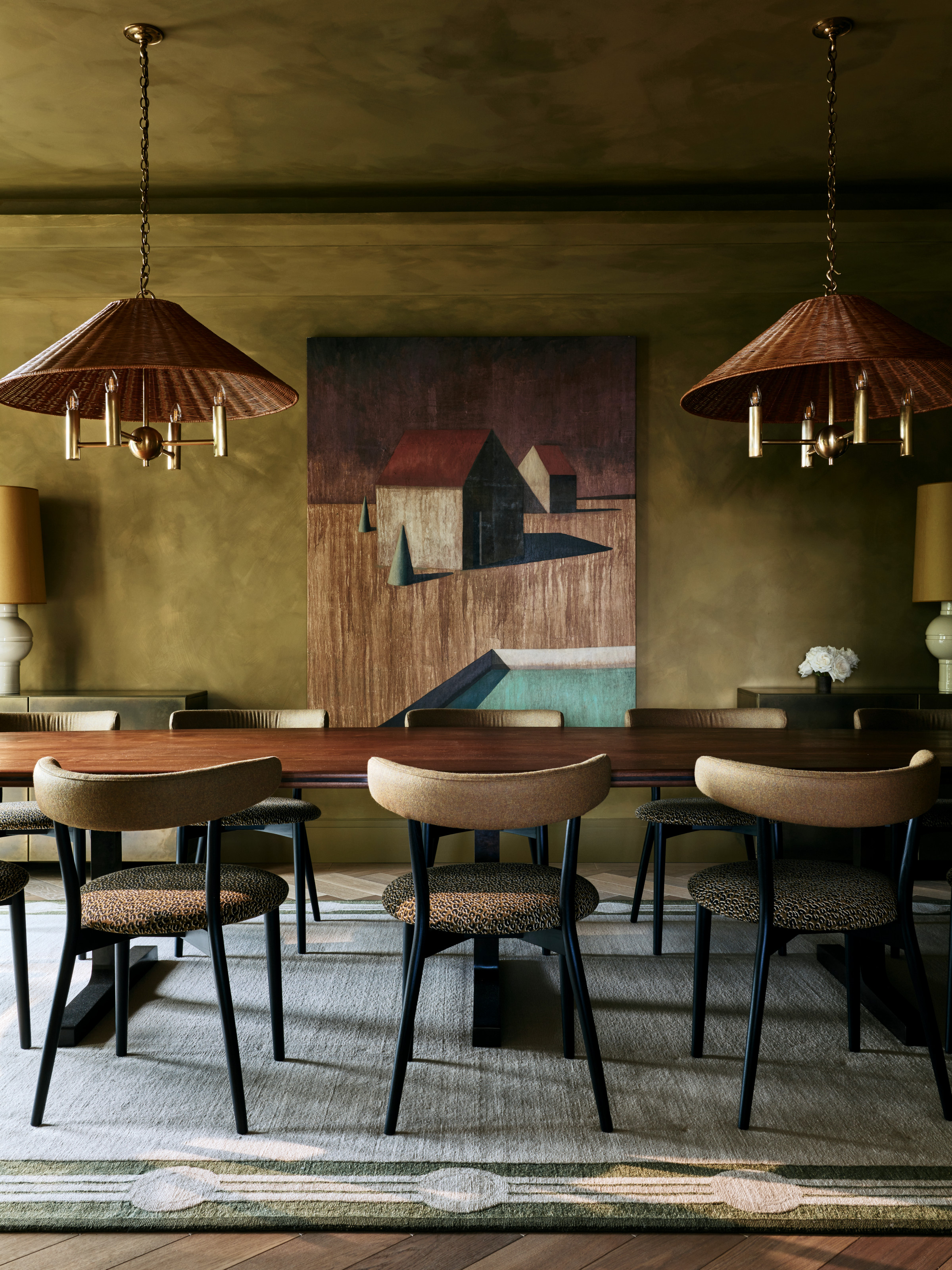 Dining room with deep khaki green washed walls