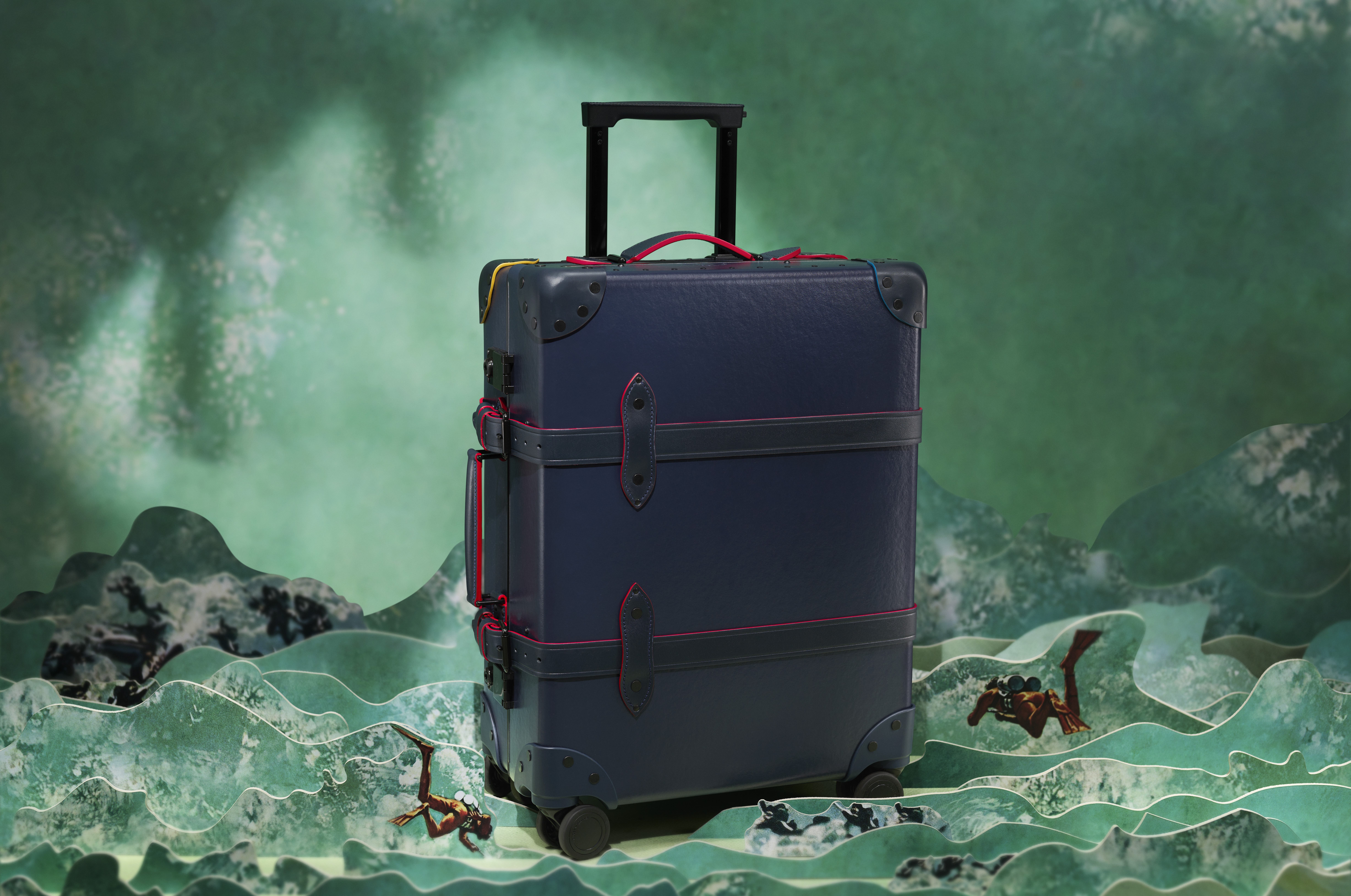 Navy blue suitcase photographed at an angle on a 2D wave background