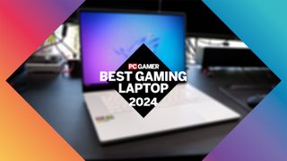 The PC Gamer Hardware Awards logo with the phrase 'Best Gaming Laptop' across it, and a blurred image of a laptop in the background.