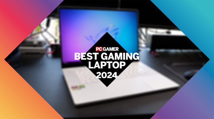 The PC Gamer Hardware Awards logo with the phrase &#039;Best Gaming Laptop&#039; across it, and a blurred image of a laptop in the background.