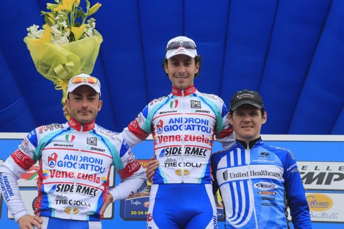 Coppi e Bartali stage 1a podium (L-R): Mattia Gavazzi, 2nd; Fabio Felline, 1st; Alessandro Bazzana, 3rd