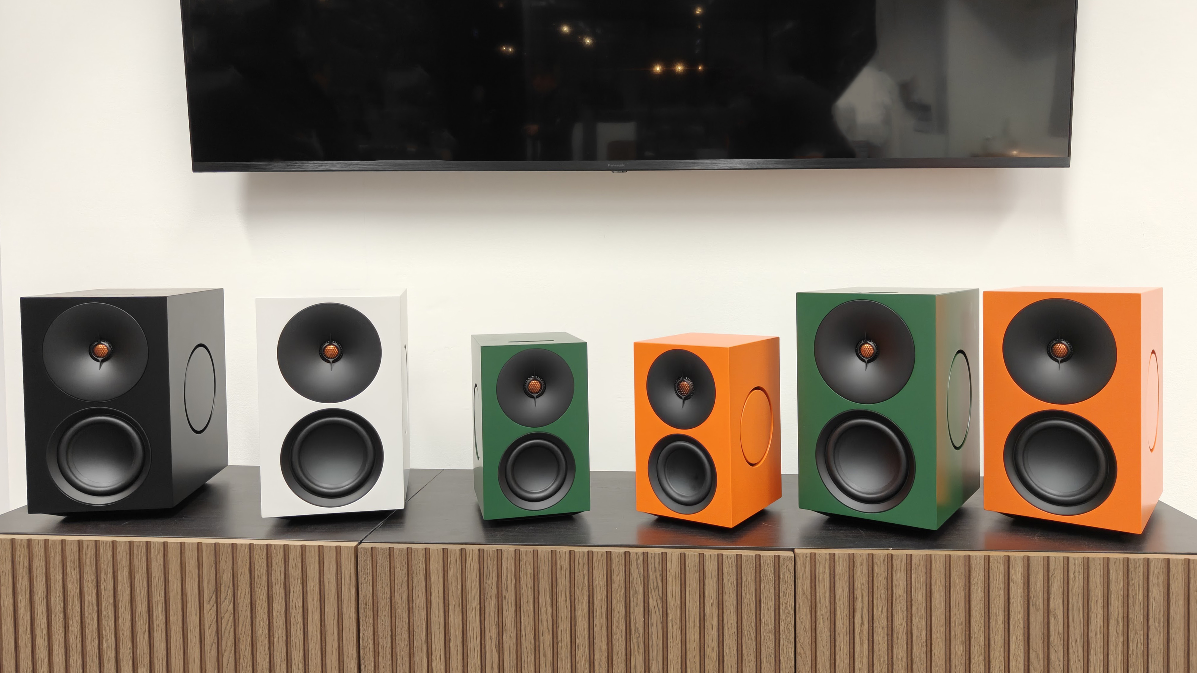 Cambridge Audio L/R powered speaker system in multiple colours (shown in 'X' (largest) and 'M' (smaller) models)