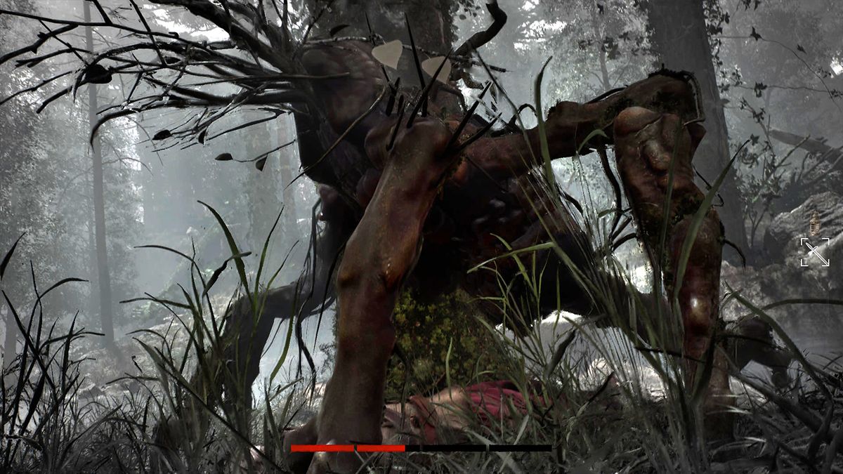 Screens from a horror game set in a dense jungle