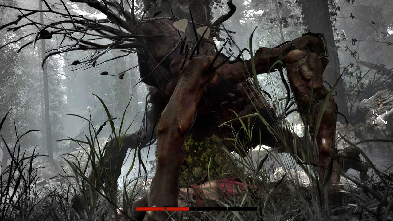 Screens from a horror game set in a dense jungle
