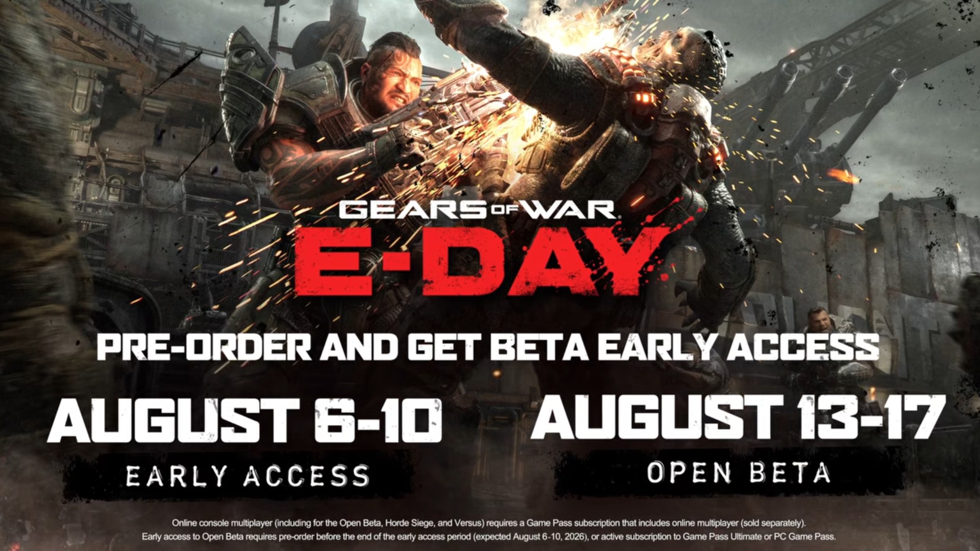 The dates for the two Gears of War E-Day beta weekends shown over a promotional action shot.