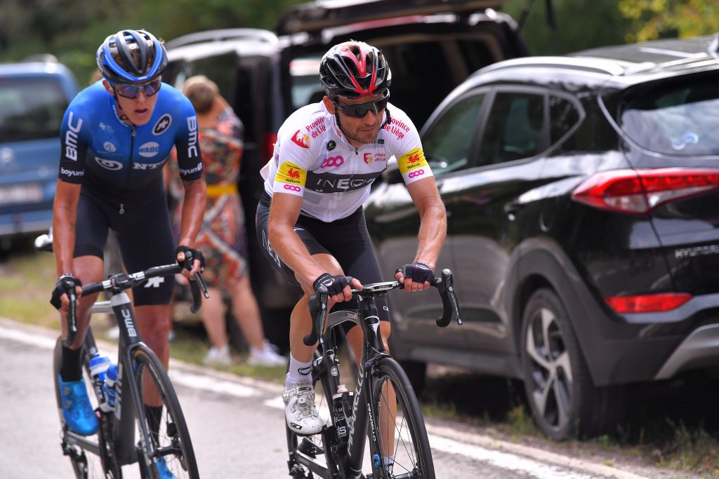EREZEE BELGIUM AUGUST 19 Dylan Sunderland of Australia and NTT Pro Cycling Team Michal Golas of Poland and Team INEOS White Mountain Jersey Breakaway during the 41st Tour de Wallonie 2020 Stage 4 a 1994km stage from Blegny to Ereze 334m TourdeWallonie TRW2020 on August 19 2020 in Erezee Belgium Photo by Luc ClaessenGetty Images