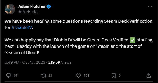The Tweet reads: We have been hearing some questions regarding Steam Deck verification for #DiabloIV.   We can happily say that Diablo IV will be Steam Deck Verified ✅ starting next Tuesday with the launch of the game on Steam and the start of Season of Blood!