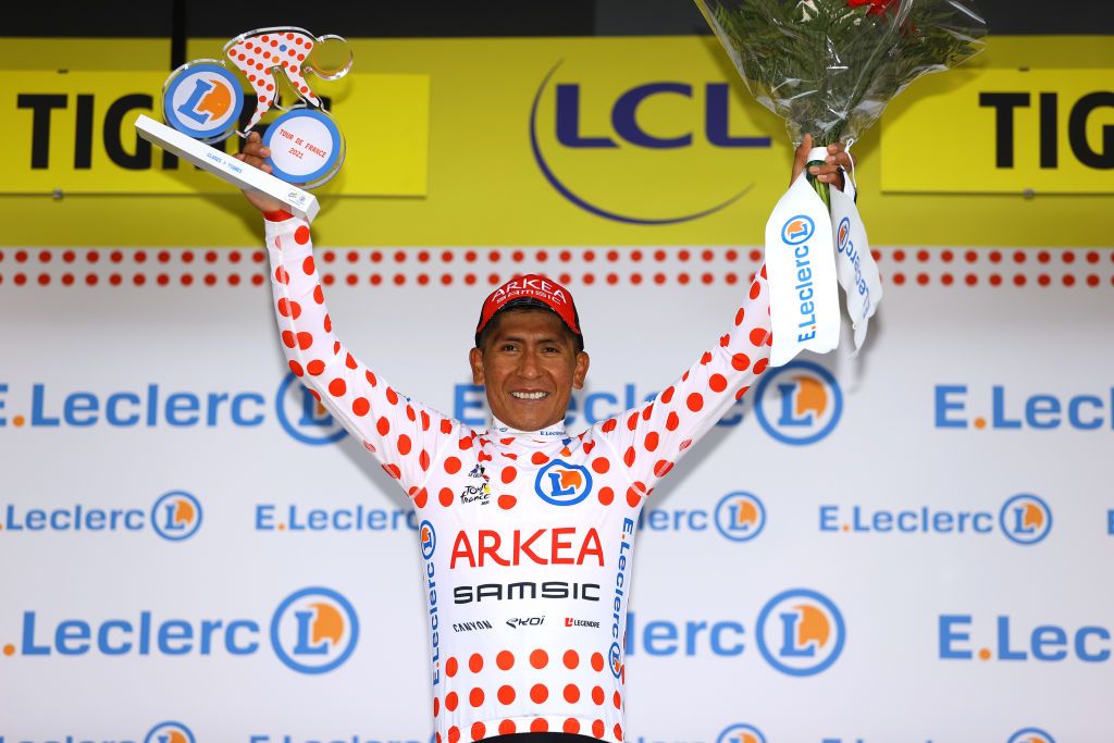TIGNES FRANCE JULY 04 Nairo Quintana of Colombia and Team Arka Samsic Polka Dot Mountain Jersey celebrates at podium during the 108th Tour de France 2021 Stage 9 a 1449km stage from Cluses to Tignes Monte de Tignes 2107m Trophy LeTour TDF2021 on July 04 2021 in Tignes France Photo by Tim de WaeleGetty Images
