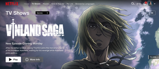 A big graphic for the anime series Vinland Saga appears on the TV tab of the Netflix home screen, and it has a blonde man with a weary expression.