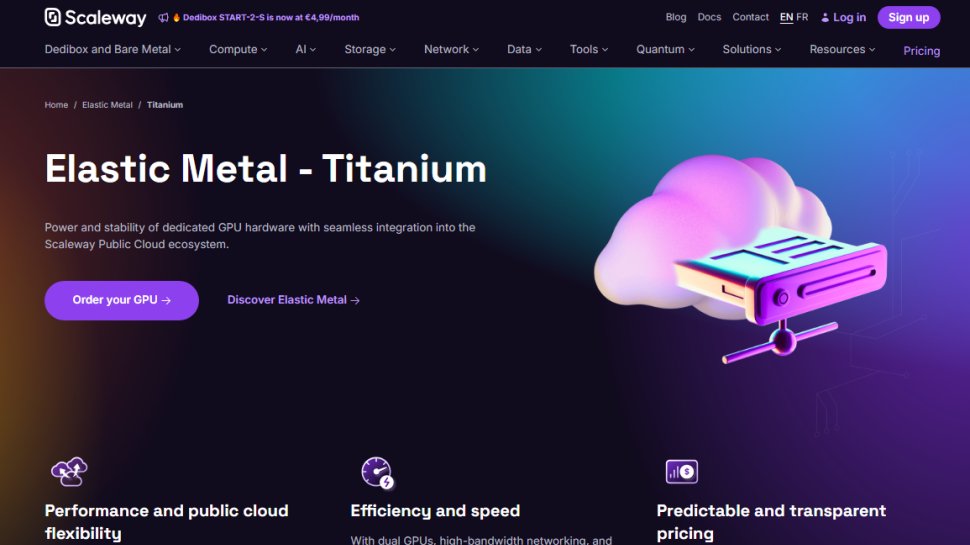 Website screenshot of Scaleway Elements Bare Metal Cloud Servers (August, 2025)