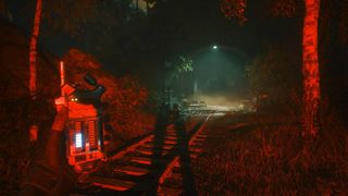 A screenshot of a road covered in red light in horror game A Quiet Place: The Road Ahead.