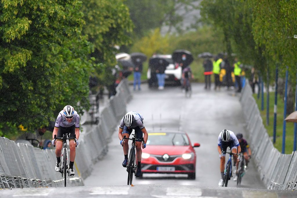 DURANGO SPAIN MAY 18 Anna Van Der Breggen of Netherlands and Team SD Worx Annemiek Van Vleuten of Netherlands and Movistar Team Cecilie Uttrup Ludwig of Denmark and Team FDJ Nouvelle Aquitaine Futuroscope sprint at arrival during the 20th DurangoDurango Emakumeen Saria 2021 a 1157km stage from Durango to Durango Landscape scduranguesa DurangoDurango2021 on May 18 2021 in Durango Spain Photo by Luc ClaessenGetty Images