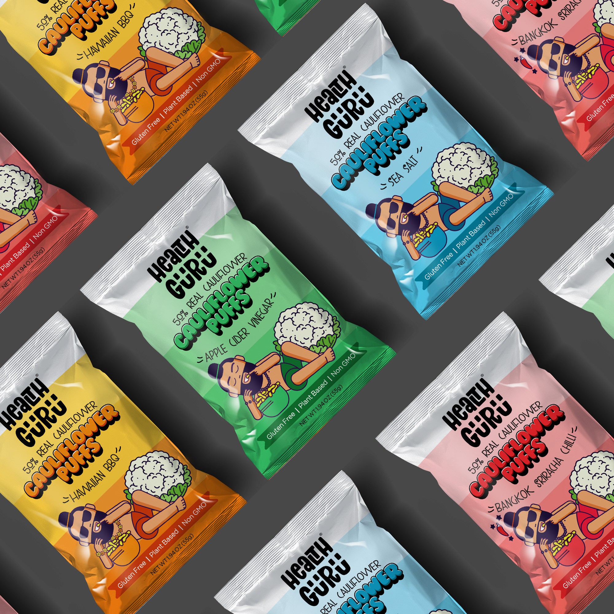 packaging design for cauliflower puffs in different colours