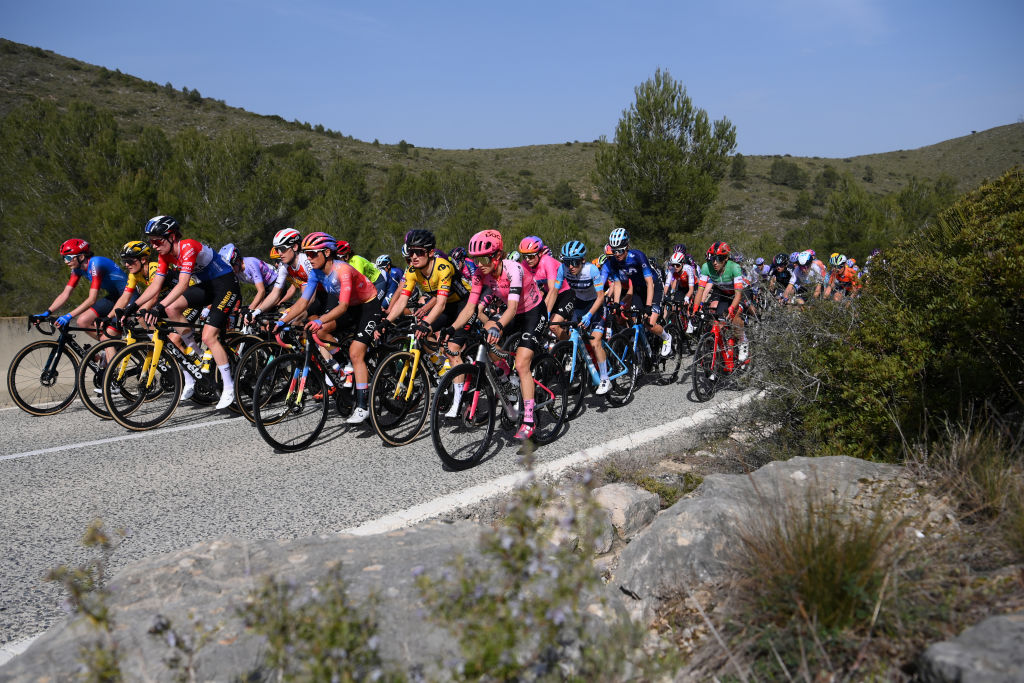 GANDIA SPAIN FEBRUARY 19 LR Erica Magnaldi of Italy and UAE Team ADQ Teuntje Beekhuis of The Netherlands and Team JumboVisma and Veronica Ewers of The United States and Team EF EducationTIBCOSVB compete during the 7th Setmana Ciclista Volta Comunitat Valenciana Femines 2023 Stage 4 a 113km stage from Tavernes de la Valldigna to Gandia SetmanaCiclista23 on February 19 2023 in Tavernes de la Gandia Spain Photo by Alex BroadwayGetty Images