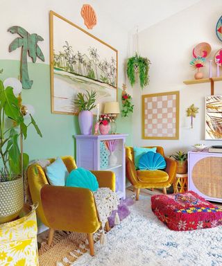 Colorful living room with mint green statement wall