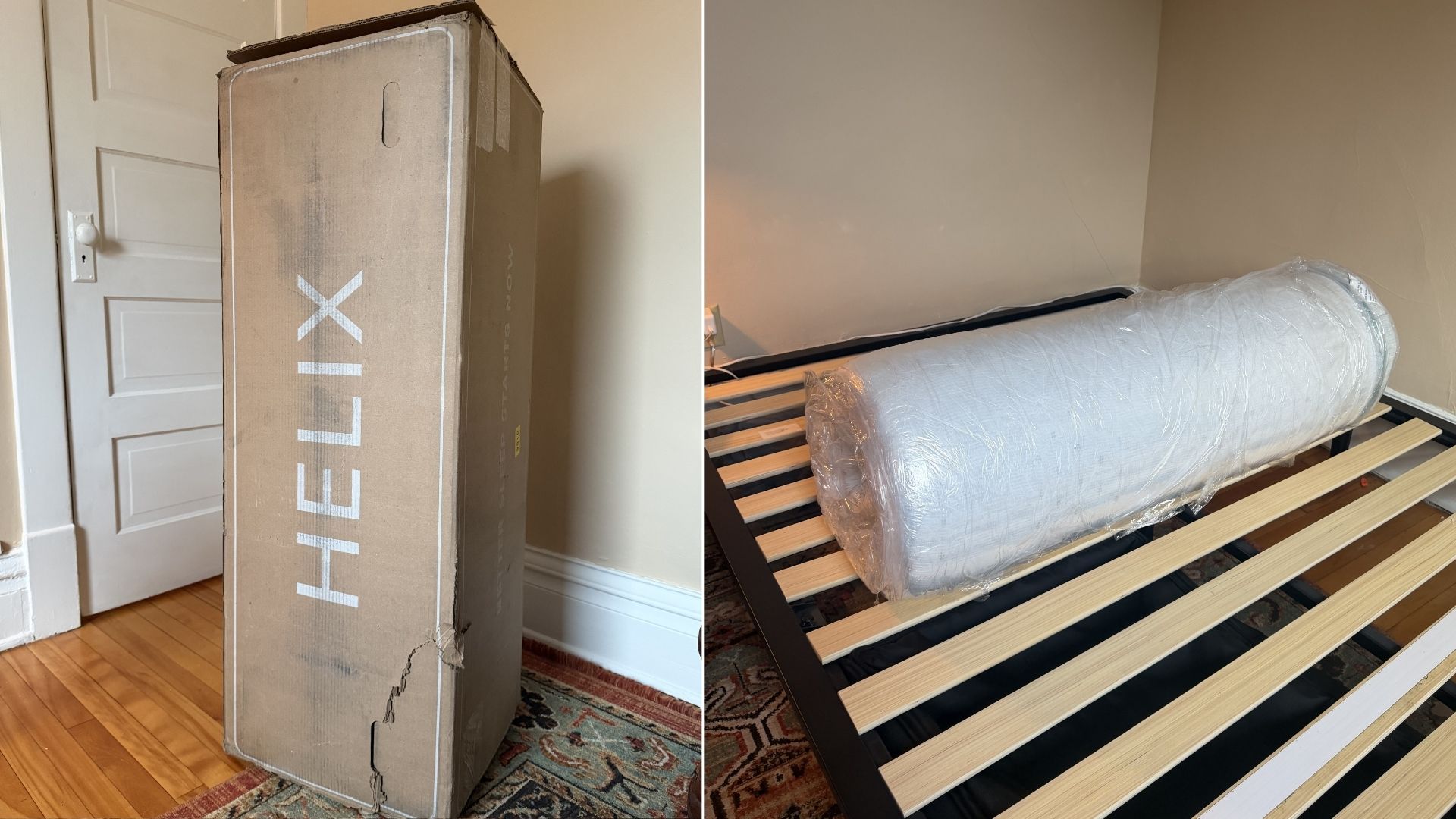 The composite image shows a Helix box placed in a bedroom on the left and a vacuum rolled mattress placed on a bed frame on the right