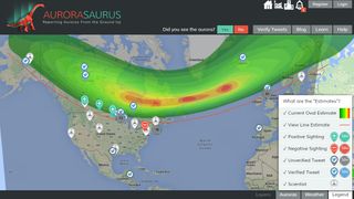 A screenshot of the Aurorasaurus map showing a storm from March 6, 2016. The green, yellow and red areas show the current oval estimate. Green plus signs mean positive sightings; blue Twitter icons indicate verified tweets.