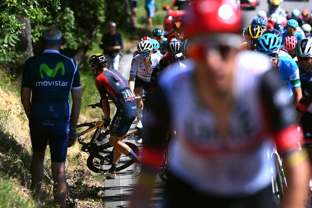 JESI ITALY MAY 17 Richard Carapaz of Ecuador and Team INEOS Grenadiers crashes during the 105th Giro dItalia 2022 Stage 10 a 196km stage from Pescara to Jesi 95m Giro WorldTour on May 17 2022 in Jesi Italy Photo by Tim de WaeleGetty Images