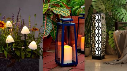 A three panel image demonstrating where to buy solar lights: solar mushroom lights from Anthropologie, A Nantucket lamp from Lights.com, and a rattan solar lamp from Wayfair