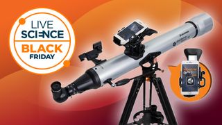 celestron starsense Explorer LT 80AZ on an orange background