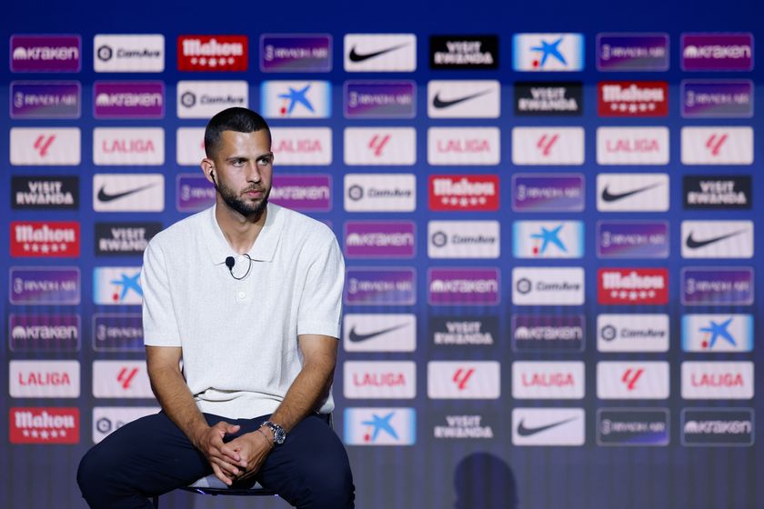 David Hancko attends during his presentation as a new player of Atletico de Madrid at Riyadh Air Metropolitano stadium on July 31, 2025, in Madrid, Spain.