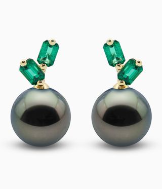 Black pearl and emerald earrings.