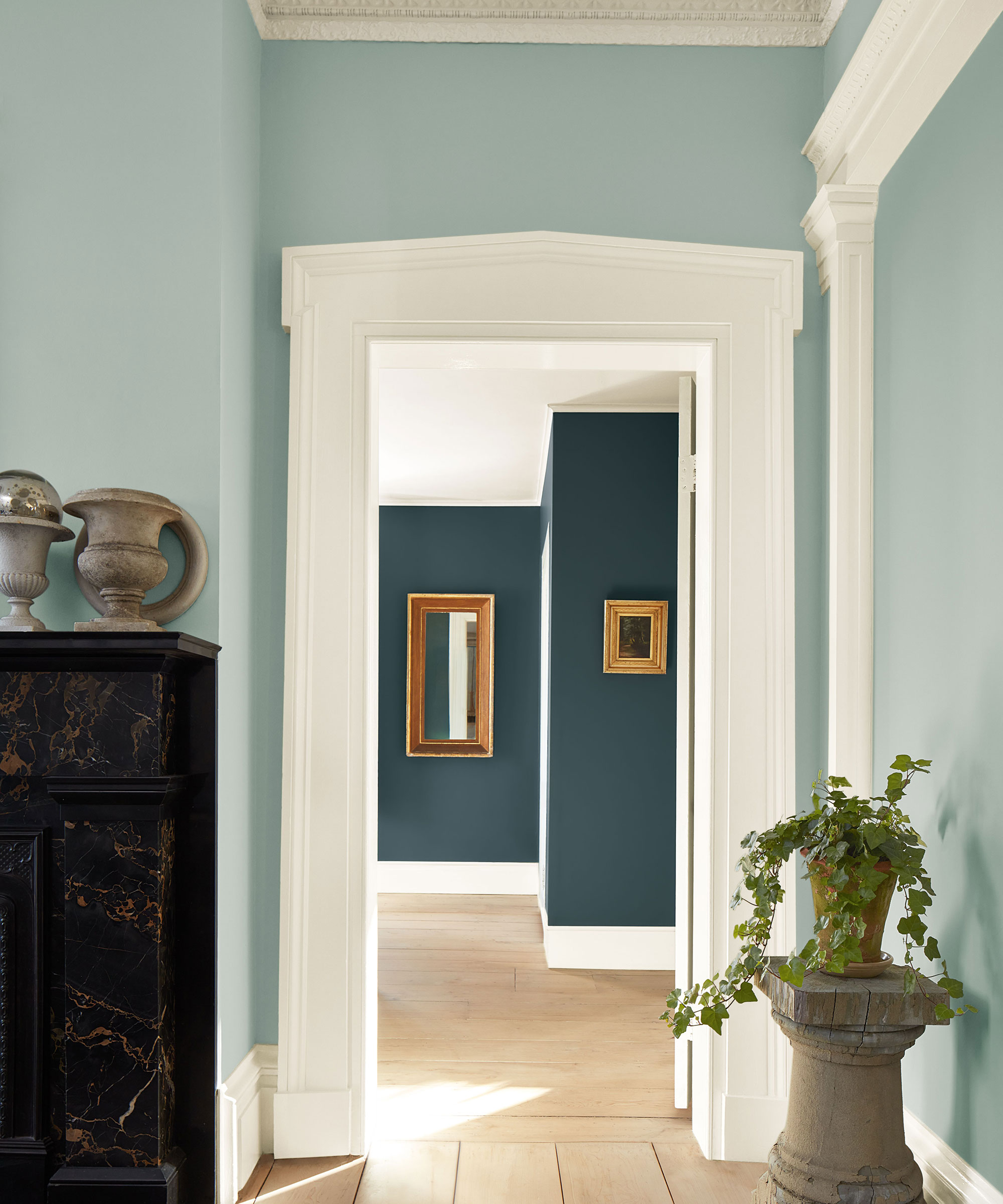 dark blue hallway leading into pale blue living room