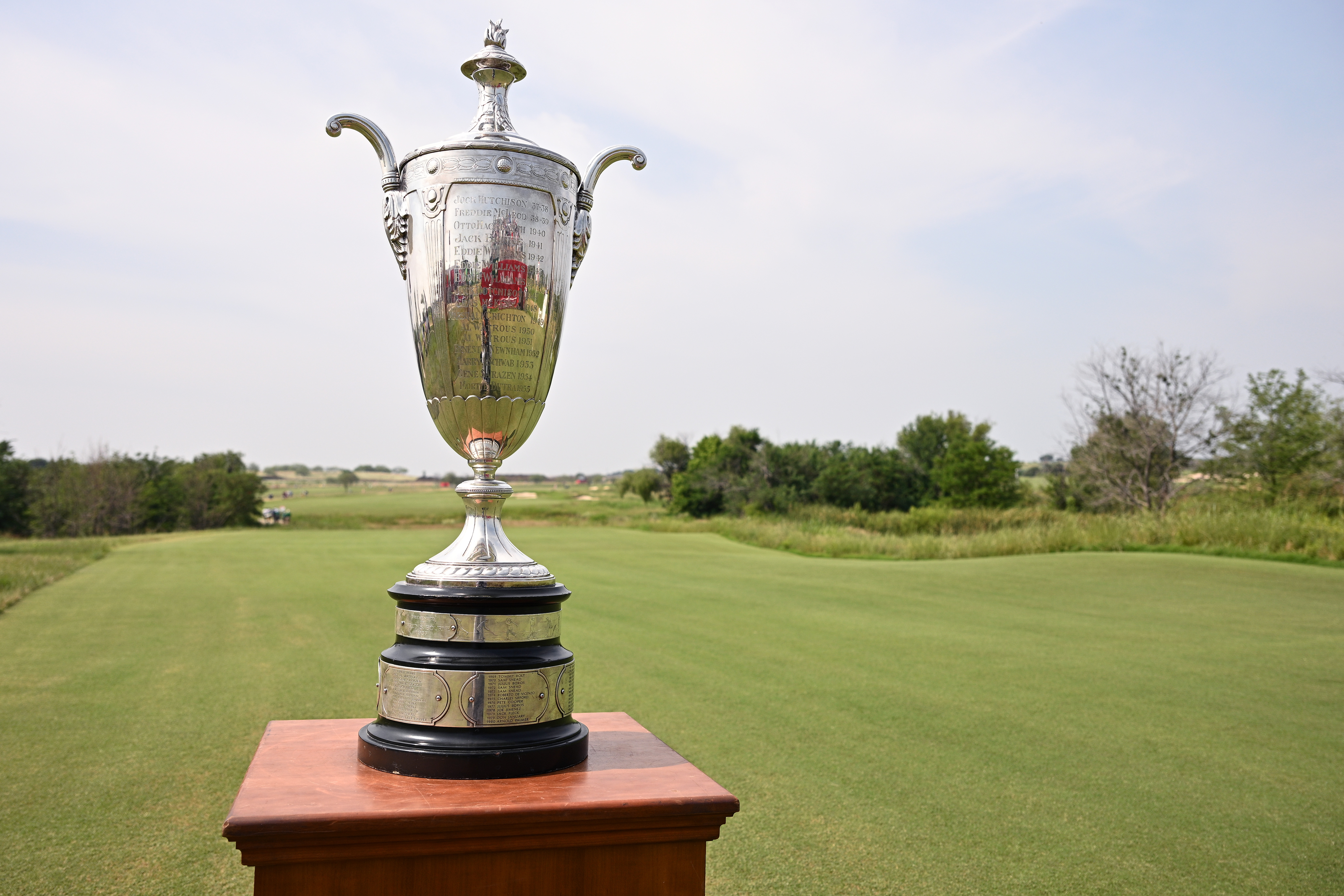 The Alfred S. Bourne Trophy on the 1st tee at the Senior PGA Championship
