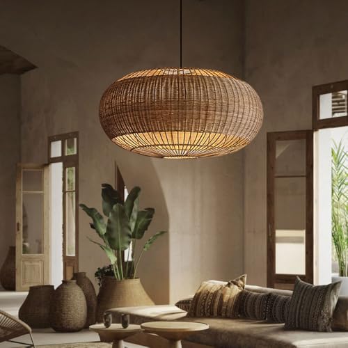 Ygzpalh. Rattan Basket Pendant Light - Oval Shape Creative Lamp Shade Bohemian Wicker Diy Lantern Ceiling Chandelier E27 Base - Rattan Cage Hollow Pendant Lamp for Dining Room Kitchen Bedroom
