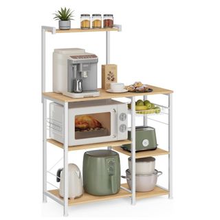 A baker's rack with kitchen appliances on it