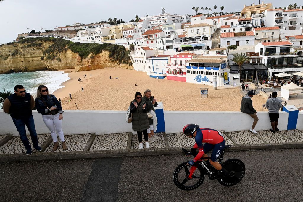 LAGOAPRAIA DO CARVOEIRO ALGARVE PORTUGAL FEBRUARY 19 Michal Kwiatkowski of Poland and Team INEOS Grenadiers sprints during the 49th Volta ao Algarve em Bicicleta 2023 Stage 5 a 244km individual time trial stage from Lagoa to Lagoa VAlgarve2023 on February 19 2023 in Lagoa Algarve Portugal Photo by Tim de WaeleGetty Images