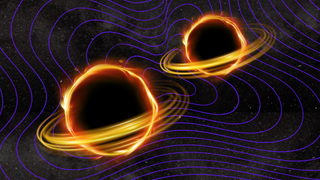 An illustration of colliding black holes setting the fabric of space ringing with gravitational waves