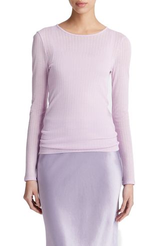 Semi-transparent ribbed long-sleeved top