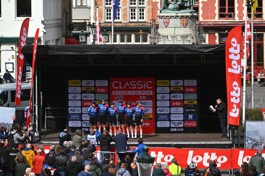 BRUGGE BELGIUM MARCH 21 Nina Buijsman of The Netherlands Coralie Demay of France Vittoria Guazzini of Italy Gladys VerhulstWild of France Alessia Vigilia of Italy Jade Wiel of France and Team FDJ SUEZ prior to the 7th Womens Classic BruggeDe Panne 2024 a 155km one day race from Brugge to De Panne on March 21 2024 in Brugge Belgium Photo by Luc ClaessenGetty Images