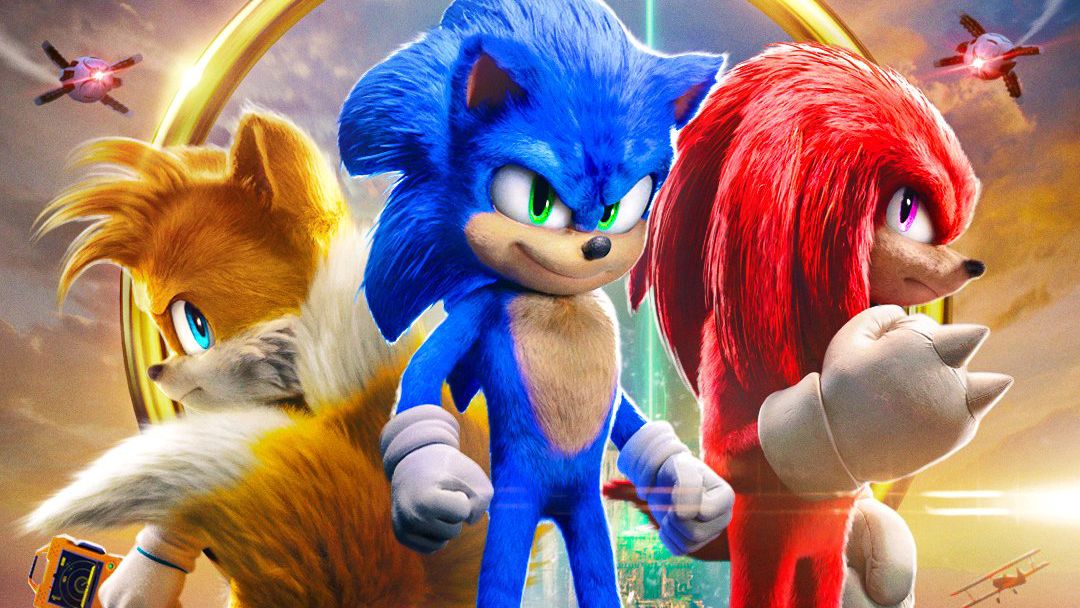 (L to R) Tails, Sonic and Knuckles stand in front of a portal ring and a pair of Robotnik&#039;s drones