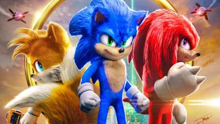 (L to R) Tails, Sonic and Knuckles stand in front of a portal ring and a pair of Robotnik's drones